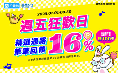 慢點付週五狂歡 精選通路最高16%🥳新申辦消費送100 P幣