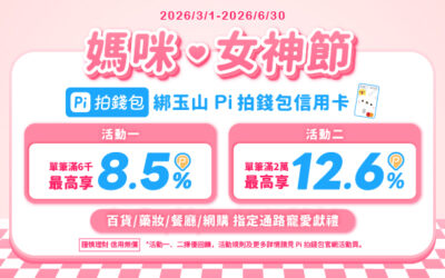 Pi錢包👸媽咪女神節💗綁玉山Pi拍錢包信用卡💳滿額享最高12.6%回饋