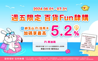 週五限定❗百貨Fun肆購｜Pi 綁玉山 Pi 信用卡加碼最高享5.2% P幣